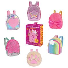 the backpacks are all in different colors and designs, including one with a cat's paw on it