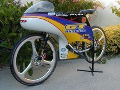 a close up of a motorcycle parked near bushes