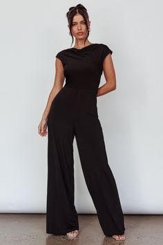 Shop the Lucinda Twist Back Jumpsuit Black | Selfie Leslie Plus Size Jumpsuit Wedding Guest, Wide Leg Jumpsuits And Rompers For Evening, Solid Wide Leg Jumpsuits And Rompers For Evening, Solid Color Wide Leg Jumpsuits For Evening, Black Jumpsuit Outfit Night Classy, Business Casual Jumpsuit, Night Jumpsuit, Black Selfie, Team Photoshoot