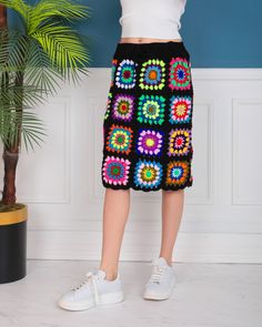 Multicolor Winter Skirt, Multicolor Patchwork Midi Skirt, Retro Multicolor Midi Skirt, Casual Multicolor Pencil Skirt, Handmade Multicolor Casual Bottoms, Handmade Multicolor Bottoms, Bohemian Multicolor Crochet Skirt, Granny Square Skirt, Squared Clothes