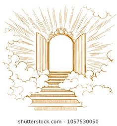 an open doorway with stairs leading to clouds and sunbursts in the sky