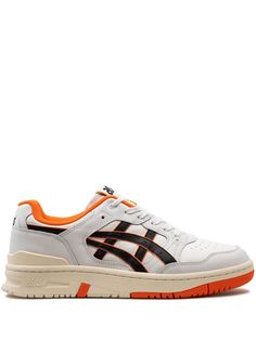 white/carrot orange calf leather panelled design logo patch at the tongue branded heel counter perforated toebox round toe front lace-up fastening ridged rubber sole Asics Sneakers, Asics Shoes, Round Toe Sneakers, Blue Orange White, Team Uniforms, Nba Teams, Low Top, White Sneakers, Basketball Shoes