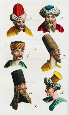 four different types of men's hats, one with long hair and beards