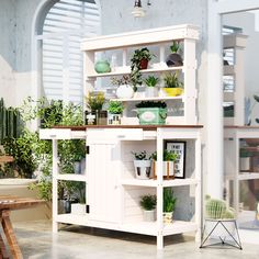 a white shelf with plants and potted plants on it next to a wooden bench