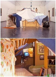 there are two pictures of a tent in the middle and on the other side of the room