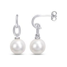 These chic drop earrings each showcase a lustrous freshwater cultured pearl dangling from a sterling silver link. The earrings secure with friction backs. Modern White Dangle Pearl Earrings, Modern Pearl Pendant Earrings, Timeless Pearl Chain Earrings, Modern Formal Earrings With Pearl Pendant, Modern Drop Pearl Earrings For Formal Occasions, Modern Pearl Drop Earrings With Pendant, Modern Pearl Chain Earrings, Modern Dangle Pearl Earrings For Formal Occasions, Formal Silver Earrings With Pearl Chain