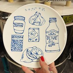 a person holding up a plate with different types of condiments drawn on it