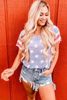 Blue Striped Sleeve Stars Print V Neck Tee Casual V-neck Star Print Top, American Flag Print V-neck Tops For Summer, Casual Blue Tops With American Flag Print, Summer V-neck Tops With American Flag Print, V-neck Tops With American Flag Print For Summer, Summer V-neck T-shirt With American Flag Print, Patriotic V-neck Summer Tops, Patriotic Star Print Short Sleeve Tops, Blue Star Print Tops For Summer