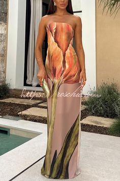 Beautiful Melody Chiffon Floral Print Bandeau Loose Maxi Dress Tube Maxi Dresses, Bandeau Maxi Dress, Gaun Fashion, Loose Maxi Dress, Chiffon Floral, Sleeveless Bodycon Dress, Strapless Maxi Dress, Pink Maxi Dress, Slim Dresses