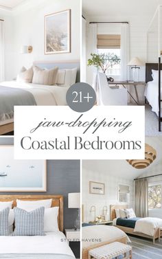 four photos with text that says, 21 fun and amazing coastal bedroom ideas