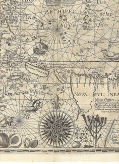 an old map with many different types of things on it's surface, including the ocean and land