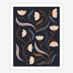 an art print with flowers and leaves on a black background