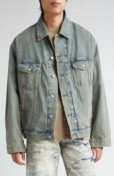 A faded wash and light distressing bring an instant lived-in look to this trucker jacket crafted in an oversized fit from nonstretch denim. 26" length (size XX-Small/X-Small) Front button closure Spread collar Button cuffs Chest button-flap patch pockets; front welt pockets Adjustable button side tabs 100% cotton Machine wash, tumble dry Made in Italy Designer Clothing Oversized Washed Denim Jacket In Medium Wash, Relaxed Fit Medium Wash Denim Jacket, Oversized Washed Denim Blue Jacket, Urban Style Faded Denim Jacket For Spring, Urban Faded Denim Jacket For Spring, Oversized Faded Washed Outerwear, Relaxed Fit Light Wash Denim Jacket With Frayed Hem, Relaxed Fit Acid Wash Outerwear, Oversized Distressed Denim Jacket In Medium Wash