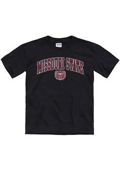 Your future Missouri State Bears will be ready for the game with this Missouri State Bears Youth Black Short Sleeve Tee. This Arch Mascot T-Shirt features a screen print team graphic on center chest. Collegiate Black Pre-shrunk T-shirt, Collegiate Pre-shrunk Black T-shirt, Black Cotton T-shirt For Game Day, Black School Spirit T-shirt For College, Black College T-shirt With Team Logo, Black T-shirt For College With School Spirit, Black College T-shirt With School Spirit, Black T-shirt With Team Logo, Black T-shirt With Team Logo, School Spirit Style