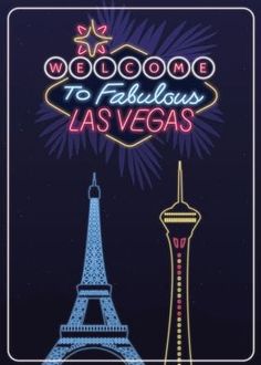 the welcome to fabulous las vegas sign in front of the eiffel tower at night