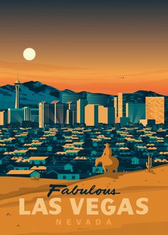 the las vegas skyline is shown in this retro style poster from the 1950's