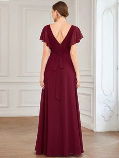 Short Ruffle Sleeve V-Neck Pleated Chiffon A-Line Evening Dress #color_Lilac Elegant V-neck Flowy Dress With Ruffle Hem, Feminine V-neck Dress With Ruffles And Short Sleeves, Elegant Chiffon Dress With Ruffle Hem And V-neck, Elegant V-neck Chiffon Dress With Ruffle Hem, Feminine Chiffon V-neck Dress With Ruffles, Ruffles Sleeves, Bustle Dresses, Skirt Making, Formal Maternity Dress