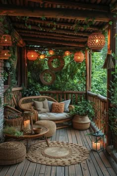 a wooden porch with wicker furniture and plants on the outside, surrounded by greenery