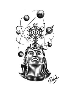 a drawing of a buddha head with planets around it