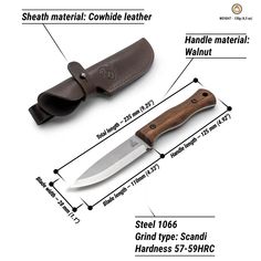 the knife is labeled with its features and description for each item in this diagram, you can see it's size