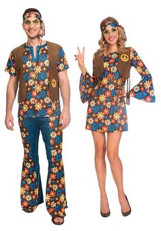 man and woman dressed in hippie costumes with peace sign on their chest, standing next to each other