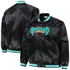 Remember the years of basketball history gone by each time you wear this Vancouver Grizzlies Hardwood Classics Wordmark Satin Jacket. Crafted by Mitchell & Ness, it features sewn-on fabric graphics and stylish striped accents on the cuffs, hem and stand-up collar. Raglan sleeves that improve your range of motion and a full-snap closure complete the look of this midweight jacket, making it a comfortable choice when representing the Vancouver Grizzlies. Officially licensed Two front pockets Br Black Throwback Varsity Jacket For College, Throwback Black Varsity Jacket For Sports, Throwback Long Sleeve Track Jacket For Sports Events, Throwback Varsity Jacket For Game Day, Grizzlies Logo, Vancouver Grizzlies, Jacket Making, Nba Store, Fabric Applique