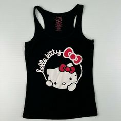 Y2k Black Hello Kitty Print Top, Y2k Cotton Racerback Tank Top, Y2k Style Cotton Racerback Tank Top, Casual Black Hello Kitty Top, Sleeveless Hello Kitty Print Top, Cute Black Cotton Tank Top, Fitted Black Hello Kitty Top, Fitted Black Hello Kitty Print Top, Fitted Black Top With Hello Kitty Print