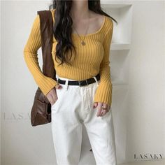 Lasaky - Womens Slim-Fit Knit Sweater Top: Lightweight Crewneck Long Sleeve Underlayer Pullover Yellow Ribbed Sweater For Winter, Winter Casual Knit Long Sleeve Top, Casual Winter Knit Long Sleeve Top, Casual Soft Knit Long Sleeve Top For Winter, Casual Knit Long Sleeve Top For Winter, Casual Ribbed Long Sleeve Top For Winter, Yellow Long Sleeve Ribbed Sweater, Yellow Ribbed Long Sleeve Sweater, Yellow Ribbed Sweater For Fall