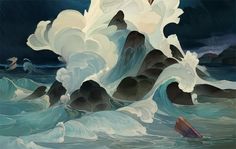 a painting of waves crashing on rocks in the ocean