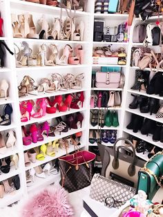 a closet filled with lots of shoes and handbags