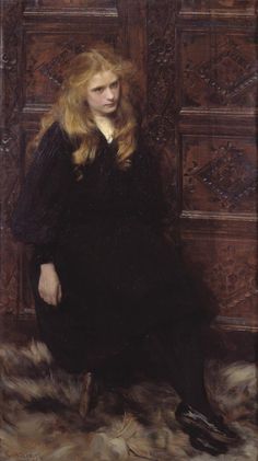 a painting of a woman in black dress sitting on a chair with long blonde hair