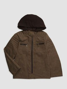 $100 Urban Republic Boy's Brown Faux Suede Hooded Moto Coat Jacket Size L Description Moto-inspired faux suede jacket with quilted shoulders and attached fleece hood. Fixed fleece hood Snap stand collar Long sleeves Front zipper Two zip chest pockets Two front angled welt pockets Snap tab at hem Hood: Polyester fleece Polyester lining Rayon-back polyurethane shell Wipe clean Imported About Us We sell only 100% authentic clothing from new with tags to gently used. We have a 100% authentic or mone Brown Hooded Biker Jacket With Pockets, Brown Hooded Outerwear With Zipper Closure, Spring Biker Leather Jacket With Hood, Brown Hooded Leather Jacket With Detachable Hood, Hooded Biker Jacket For Cold Weather And Fall, Hooded Biker Jacket For Cold Weather In Fall, Hooded Biker Jacket For Fall, Hooded Leather Jacket For Outdoor Fall, Brown Hooded Biker Jacket For Fall