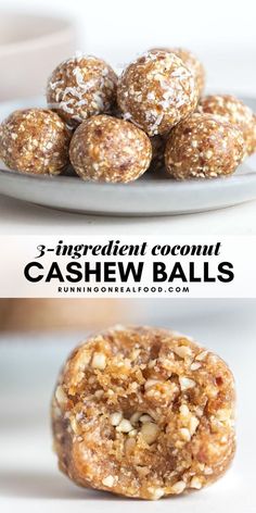 three different views of coconut cashew balls on a plate