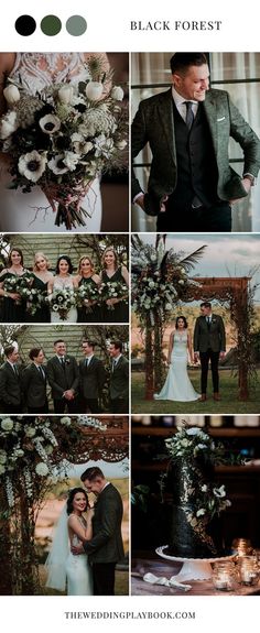 the wedding couple is posing for pictures in front of their black and white bouquets