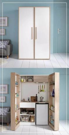 an open kitchen cabinet in the middle of a room with blue walls and white flooring