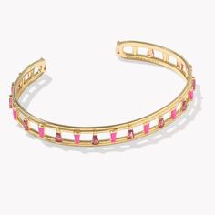 Pop On The Kelsey Gold Cuff Bracelet In Pink Mix And Instantly Take Your Look From Everyday To Elevated. Enamel Embellishments And Colorful Stones Make This Bold Cuff Style One You’ll Want To Show Off, Whether Styled On Its Own Or Paired With Your Favorite Watch Or Chain Bracelet. Metal14k Yellow Gold Over Brass Materialpink Enamel, Pink Crystal Closurenon-Adjustable Size2.28" Inner Diameter Pink Jubilee Bracelet For Party, Trendy Pink Jubilee Bracelets, Pink Bangle Jewelry For Spring, Trendy Adjustable Pink Bangle, Adjustable Gold-tone Cuff Bracelet Bangle, Pink Party Cuff Bracelet Bangle, Pink Party Cuff Bangle Bracelet, Kendra Scott Elton Cuff, Pink Adjustable Cuff Bracelet