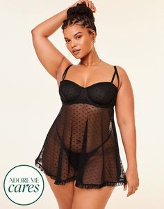 Our plus-size babydoll in jet black features sheer dot mesh with cut-out and elastic detail at the cups. This ruffle-trimmed piece has a full skirt, back hook & eye closure with a keyhole cutout—it also comes with a matching g-string panty. (Available in plus-sizes XL-4X.) Plus Size Lingerie Outfit Night, Halloween Lingerie, Lingerie Outfit Night, Lingerie Outfit, Chic Bra, Adore Me, Babydoll Lingerie, Bra And Panty Sets, Black Lingerie