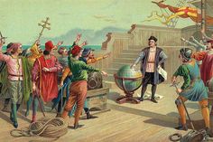 an old painting of men on a ship with their arms in the air and one man standing