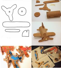 four different pictures showing the process of making paper airplanes and other things that are made out of cardboard