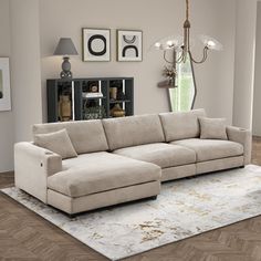 a living room with a large sectional couch