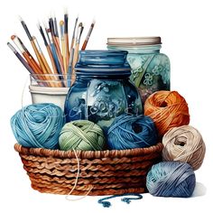 a basket filled with yarn and crochet hooks next to two jars full of balls of yarn