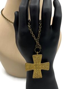 "Excellent vintage condition. Approx 30\" long. Cross is 2.75\"." Gold Door, Holiday Bag, Maltese Cross, Beaded Dangles, Maltese, Pendant Necklaces, Crystal Beads, Clip On Earrings, Chain Necklace