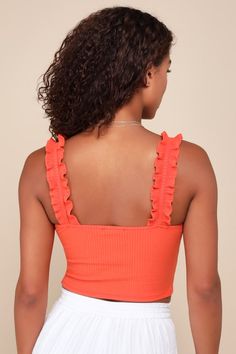 We've got so many wonderful things to think about the Lulus Musing About You Orange Ribbed Ruffle Strap Cropped Tank Top! Stretchy ribbed knit shapes a trendy square neckline and too-cute, ruffled tank straps. The fitted bodice finishes at a cropped hem, perfect for pairing with all your high-waisted favorites! Fit: This garment fits true to size. Length: Size medium measures 15.5" from shoulder to hem. Bust: Great for any cup size. Waist: Fitted - stretchy fabric allows custom fit. Undergarment Spring Ribbed Crop Top With Square Neck, Trendy Ribbed Crop Top With Square Neck, Trendy Ruffled Square Neck Crop Top, Hoi An Tailor, Ribbed Tank Top, Ribbed Tank Tops, Ribbed Tank, Wonderful Things, Cup Size