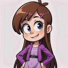 a cartoon girl with long brown hair wearing a purple shirt and black belted skirt