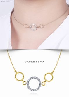 Dazzle and delight with this chic mixed metal choker necklace. A central loop of luxe 14k white gold and dazzling 0.25ct diamonds is flanked by two smaller rings of twisted 14k yellow gold. A dainty chain of gleaming yellow gold completes this effortless style. NK6055M45JJ #GabrielNY #DiamondJewelry #FineJewelry #GabrielAndCo #UniqueJewelry #DiamondJewelry #Jewelry  #FineJewelry#FashionJewelry#UniqueJewelry#GiftIdeas#UniqueGifts  #Necklaces #DiamondNecklace#GoldNecklace#Yellow/WhiteGoldNecklace Metal Choker Necklace, Metal Choker, Diamond Pendant Sets, Dainty Chain, Circle Diamond, Gold Necklace Layered, Small Rings, Lariat Necklace, Pave Diamonds