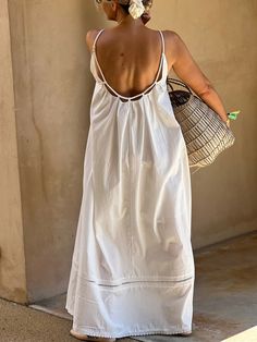 Spaghetti Plain Vacation Loose Lace Edge Dress Ivory Summer Dress, Loose Linen Dress, Casual Summer Maxi Dress, Simple Linen Dress, Linen Loose Dress, Sleeveless Kimono, Look Boho Chic, Dress Name, Travel Clothing