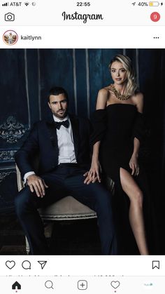 a man in a tuxedo sitting next to a woman in a black dress