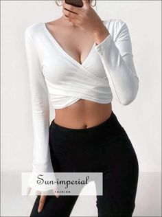 Women Solid White Crossover Wrap Long Sleeve Super Crop top Wrap Crop Top Outfit, White Crop Top Outfit, Crossover Crop Top, Black Flares, Super Crop Top, White Long Sleeve Crop Top, Imperial Fashion, Table S, Cropped Long Sleeve Top