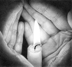 two hands holding a lit candle in the palm of someone's hand, black and white photograph