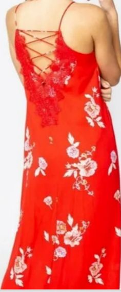 $89 Sugar+Lips Red floral long dress/sundress with lace up back maxi dress Sz S Red Floral Maxi Dress For Spring, Red Lace Trim Dress For Spring, Spring Red Dress With Lace Trim, Spring Maxi Dress With Lace Trim, Red Floral Print Maxi Dress For Spring, Red Lace Trim Dress For Vacation, Red Floral Maxi Dress For Summer, Red Maxi Length Floral Dress For Vacation, Red Floral Print Maxi Dress